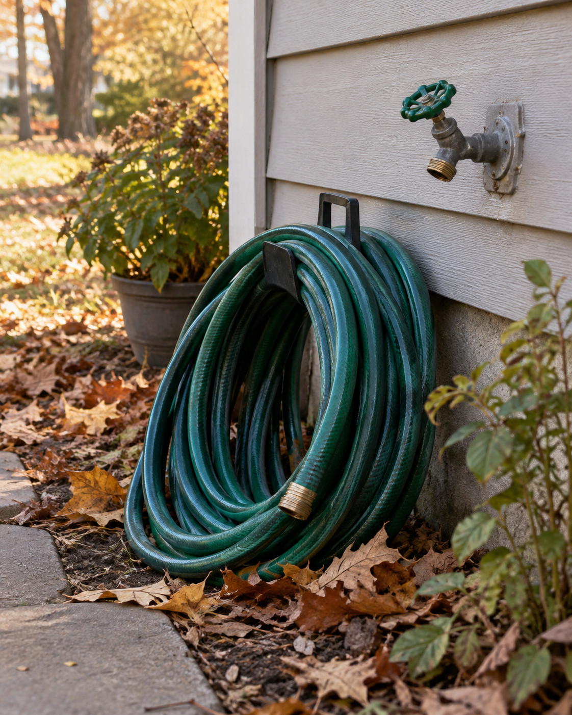 A coiled garden hose beside an outdoor faucet amid fallen autumn leaves.