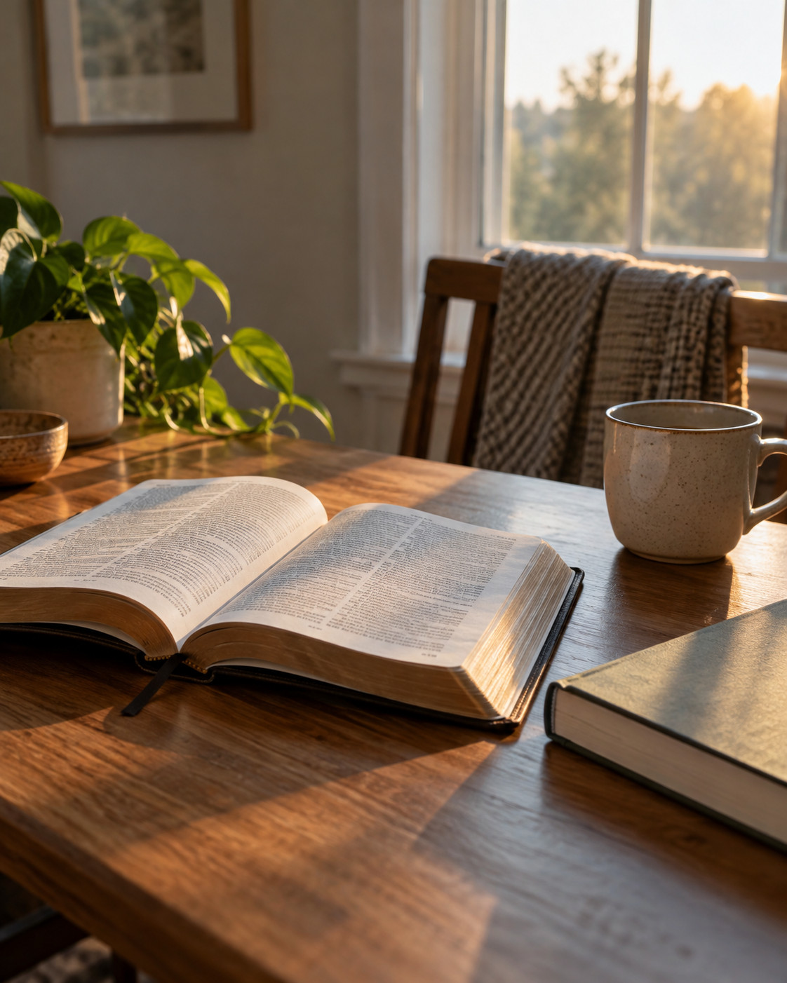 An open Bible and a closed book on a table in afternoon light.