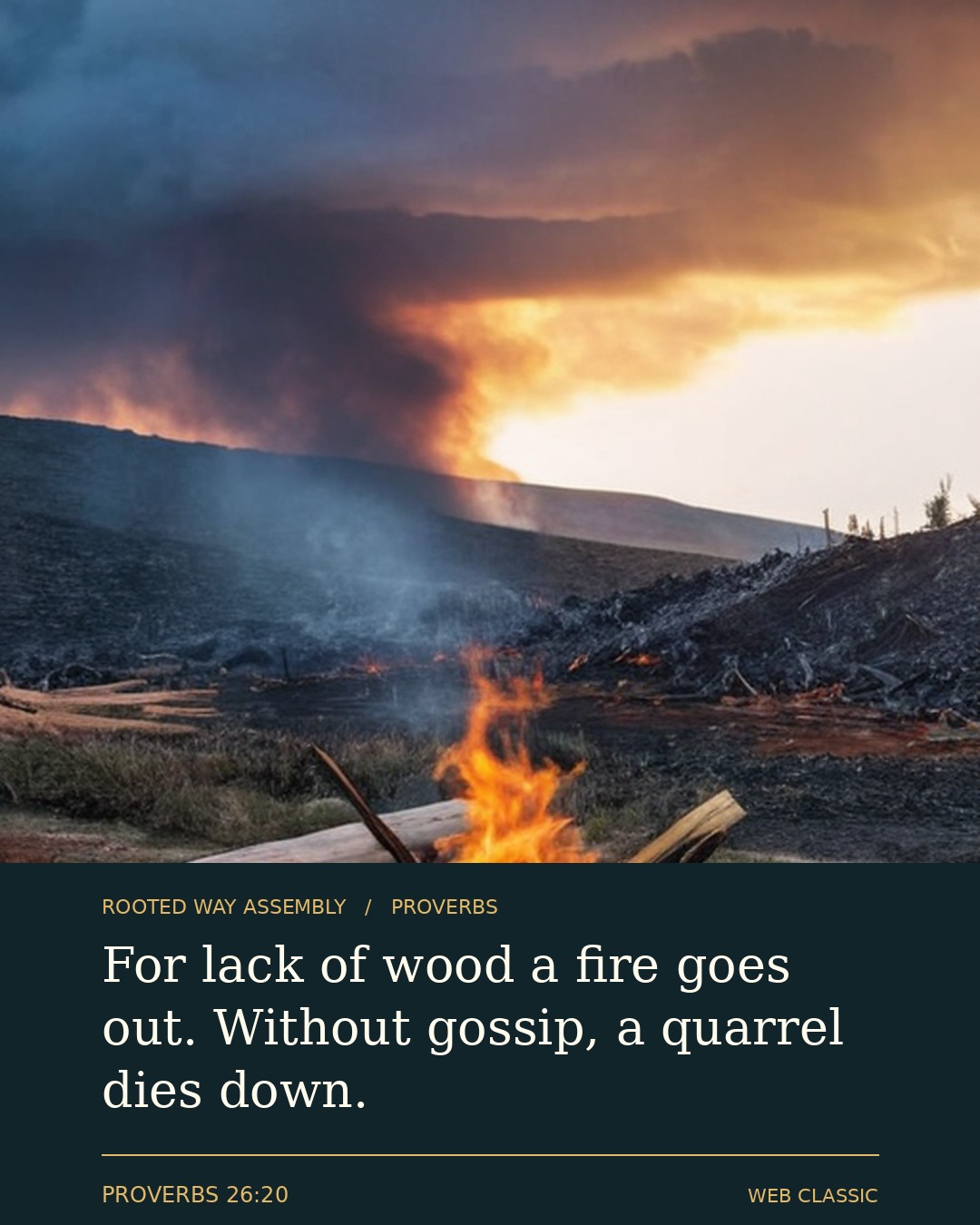 Proverbs 26:20 Scripture card showing the words: For lack of wood a fire goes out. Without gossip, a quarrel dies down.