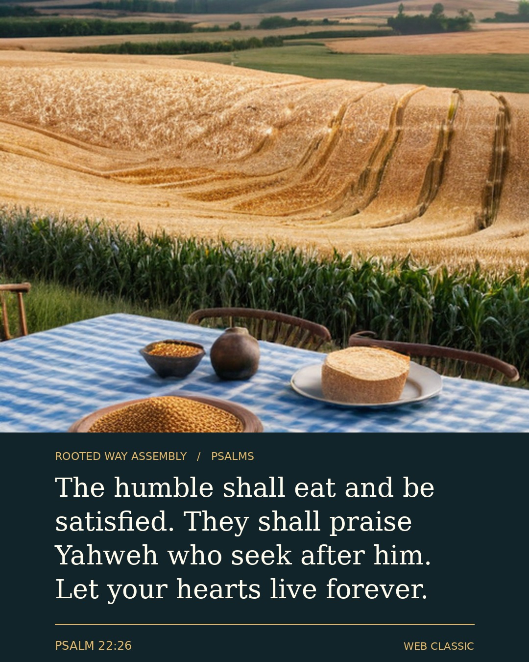 Psalm 22:26 Scripture card showing the words: The humble shall eat and be satisfied. They shall praise Yahuah who seek after him. Let your hearts live forever.