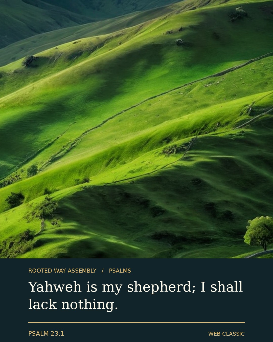 Psalm 23:1 Scripture card showing the words: Yahuah is my shepherd; I shall lack nothing.