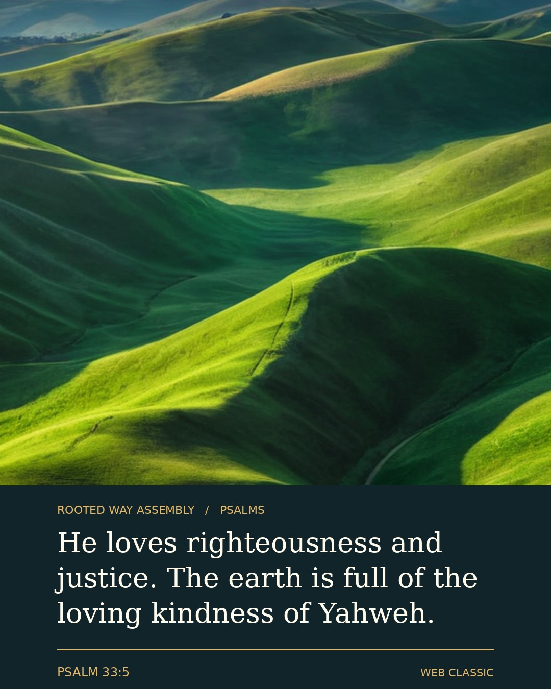 Psalm 33:5: He loves righteousness and justice. The earth is full of the loving kindness of Yahweh.